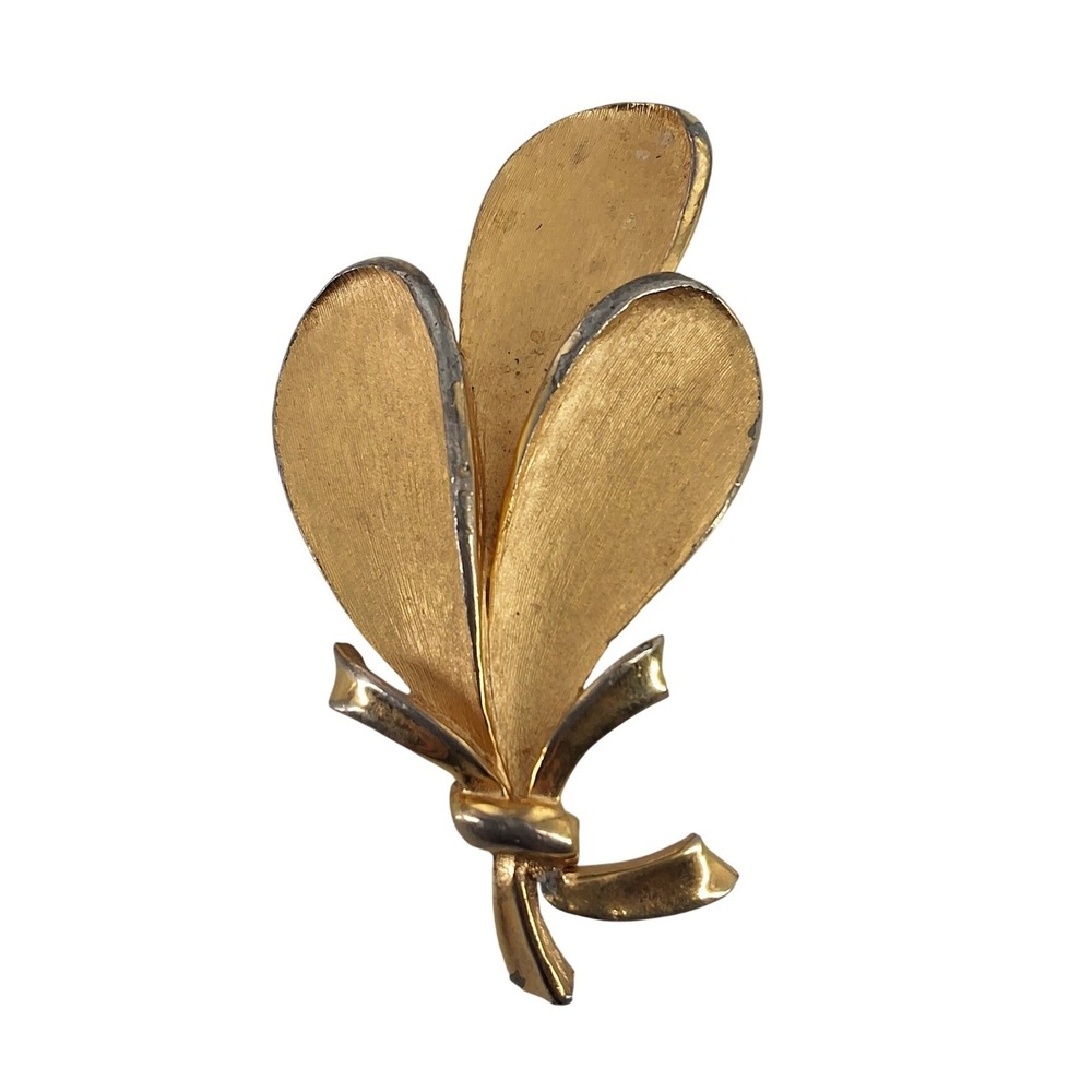 Vintage Crown Trifari Brushed Gold Leaf Spray Brooch Ribbon Bow Pin 1960s